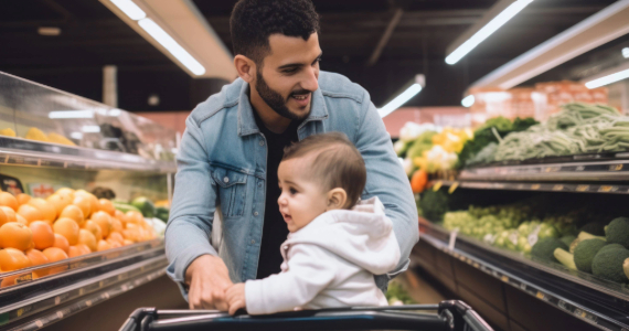 A man pushes a baby in a cart down a supermarket aisle lined with produce.